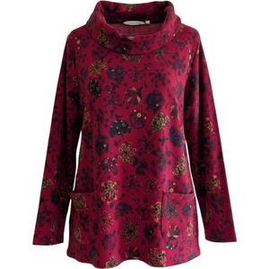 Country Rose Womens Red Floral Cowl Neck Long Sleeve Top with Pockets Size M